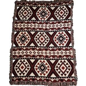 Vtg Blanket Throw Southwestern Geometrical Aztec Western Red 66 x 47 in Black
